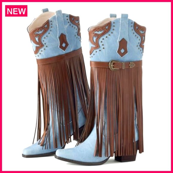 Women's Knee High Cowboy Boots Fringe Embroidered Chunky Heel Pointed Toe - Picture 2 of 6